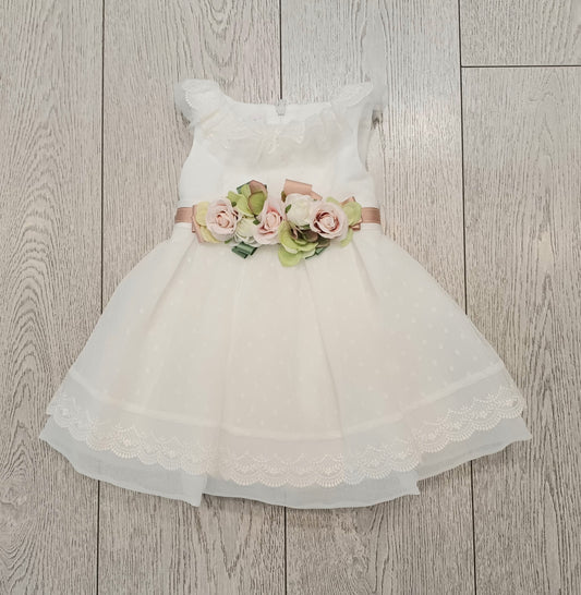 COLORICHIARI Abito Baby Cerimonia Tulle-Organza Bianco Latte-Rosa Antico