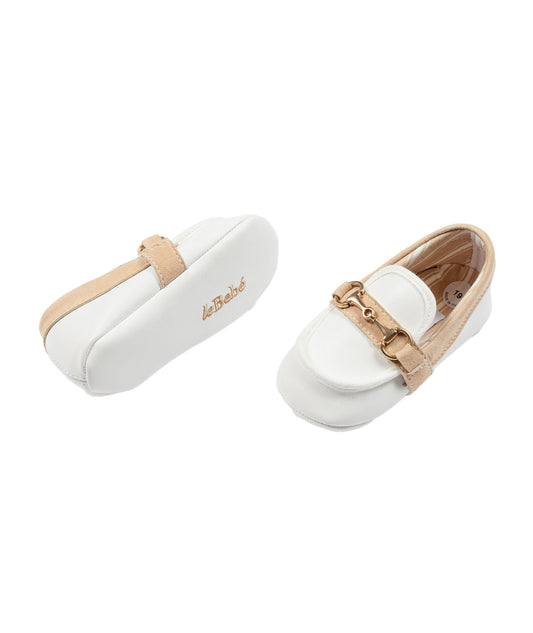 LE BEBE' ENFANT Mocassino Neonato Pelle-Camoscio Bianco-Beige Fibbia Oro