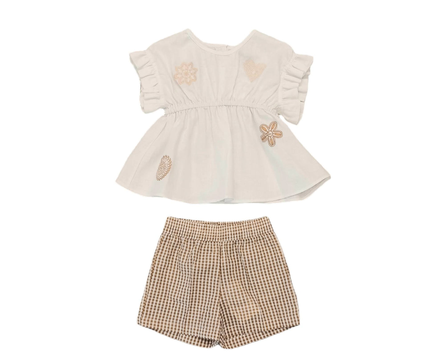 MALVI & CO. Completo 2 pezzi Blusa Lino Bianco-Beige+Shorts Cotone Quadretti Goffrati Nocciola