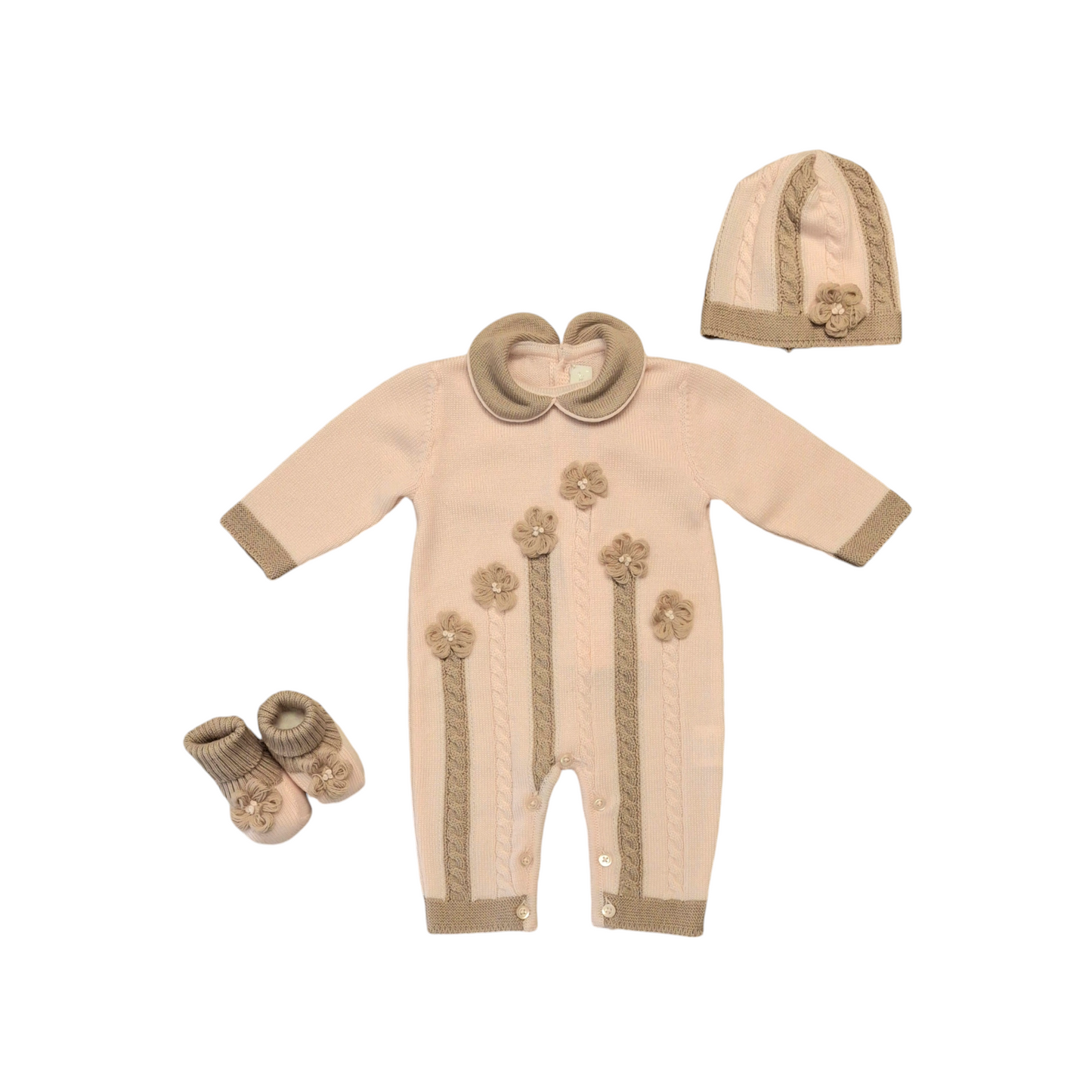 COLORICHIARI Set 3 Pezzi Tutina+Cappello+Babbucce Lana Extrafine Rosa-Beige Autunno-Inverno