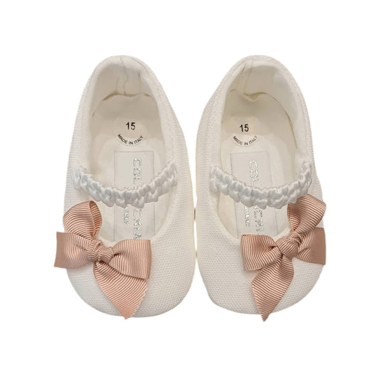 COLORICHIARI Scarpina Baby Raso-Tulle Bianco Latte con Fiocco Rosa Antico